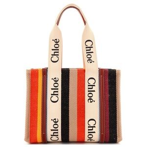 Cotton Calfskin Medium Woody Striped Tote Multicolor